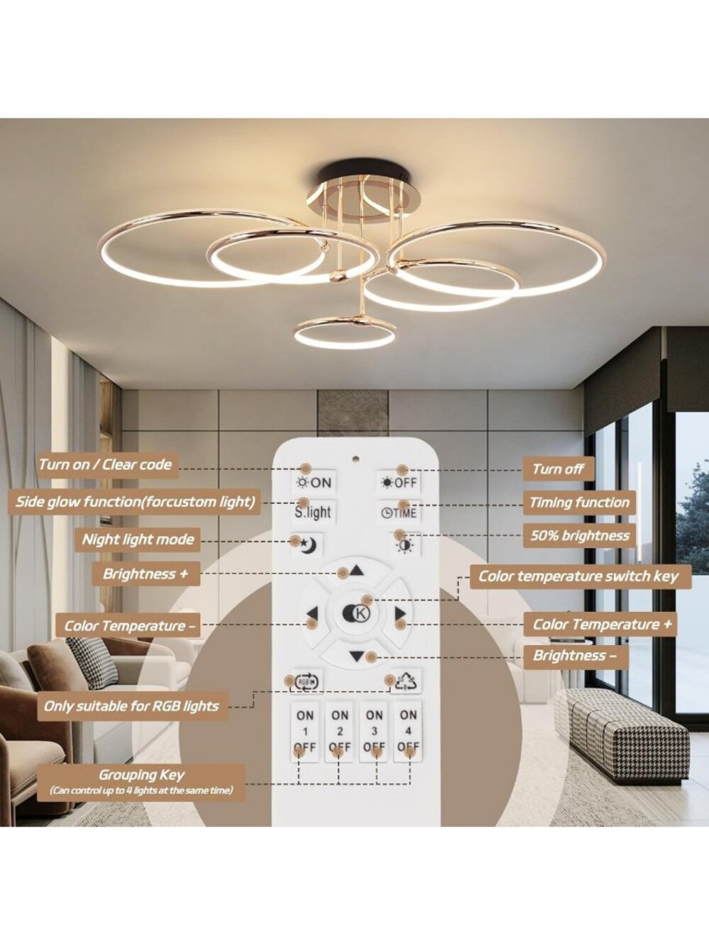 Modern Gold Dimmable LED Ceiling Light Fixture with Remote Control - 5 Rings - Picture 7 of 8